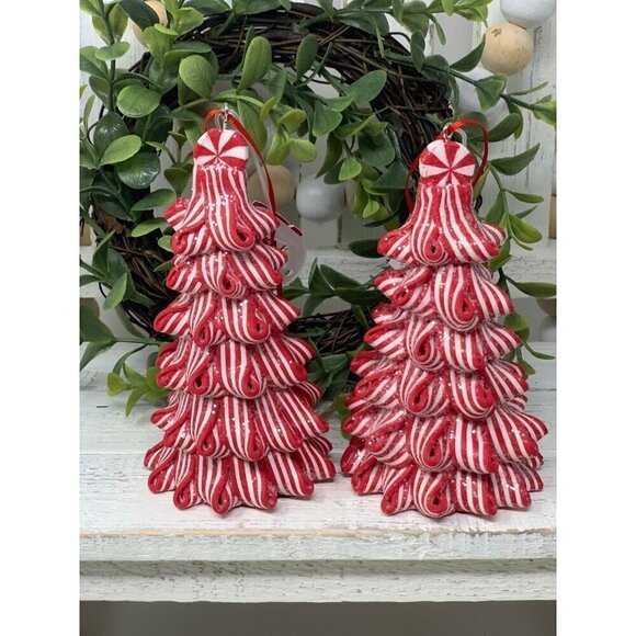 Christmas Peppermint Tree Ornament Candy Cane Striped Ribbon Candy Red White New - Picture 2 of 5
